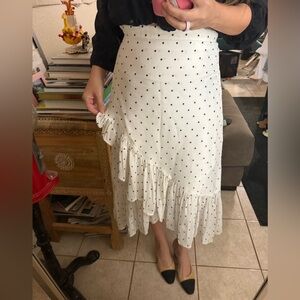 H&M White Polka Dot Asymmetrical Ruffle Midi Skirt